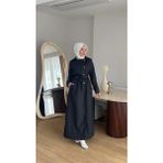 Moda Kadın Düğmeli Trençkot | Kendi Kumaşından Kemerli Model - 0 Siyah - 42
