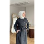 Moda Kadın Düğmeli Trençkot | Kendi Kumaşından Kemerli Model - 0 Siyah - 46
