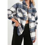 Moda Kadın Gömlek Yaka Ekose Günlük Ekoseli Oversize Geniş Kalıp Dokuma Ceket Gömlek