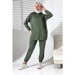 Moda Kadın Mevsimlik Alt Üst Rahat Haki Spor Ikili Tunik Pantolon Şık Tesettür Takım
