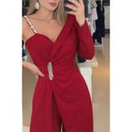 MODA Kadın Tek Omuz Askılı İthal Krep Tulum - Taşlı Çiçek Aksesuar Detaylı Abiye Tulum