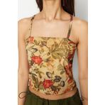 Moda Kare Yaka Örme Slim Çiçekli Desen Casual Günlük Crop Askılı Kol Bluz