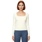 Moda Kare Yaka Örme Slim Düz Desen Casual Günlük Regular Uzun Kol Bluz_Ekru-S