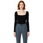 Moda Kare Yaka Örme Slim Düz Desen Casual Günlük Regular Uzun Kol Bluz_Siyah-XS