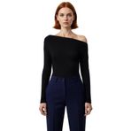 Moda Kayık Yaka Örme Slim Çizgili Desen Casual Günlük Regular Uzun Kol Bluz_Siyah-1001-M
