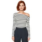 Moda Kayık Yaka Örme Slim Çizgili Desen Casual Günlük Regular Uzun Kol Bluz_Siyah-2XS