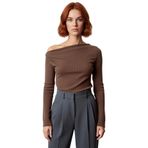 Moda Kayık Yaka Örme Slim Düz Desen Casual Günlük Uzun Uzun Kol Bluz_Kahverengi-XS