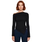 Moda Kayık Yaka Örme Slim Düz Desen Casual Günlük Uzun Uzun Kol Bluz_Siyah-S