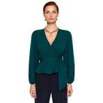 Moda Kruvaze Dokuma Regular Düz Desen Resmi Regular Uzun Kol Bluz_Zümrüt Yeşili-42