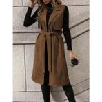 Moda Loris Kadın Kolsuz Yakalı Önü Açık Belden Kuşaklı Süet Midi Yelek - L - XL - Kahve