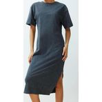 Moda Midi Boy %100 Pamuk Eskitme Efektli Yırtmaçlı Shift Rahat Kesim Örme T-shirt Elbise