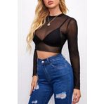 Moda Mistik Siyah Transparan Seksi Tül Body Crop Top Bluz Uzun Kollu