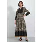 Moda Molası Kadın Gömlek Yaka Beli Büzgülü Otantik Desenli Viskon Siyah Tesettür Elbise - 38