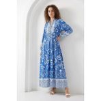 Moda Molası Kadın Gömlek Yaka Beli Büzgülü Uzun Kol Otantik Desenli Viskon B. Indigo Tesettür Elbise - 38
