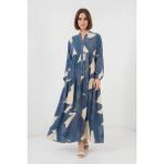 Moda Molası Kadın Hakim Yaka Beli Büzgülü Otantik Desenli Viskon Koyu Indigo Tesettür Elbise - 46