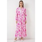Moda Molası Kadın Otantik Desenli Viskon Pembe Tesettür Elbise - 46