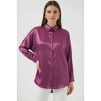 Moda Molası Kadın Oversize Kesim Saten Koyu Lila Gömlek - 36