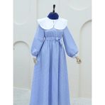 Moda Morfo Bebe Yaka Çizgili Beli Lastikli Uzun Elbise -Mavi - 40