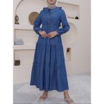 Moda Morfo Bebe Yaka Yarım Düğmeli Kolu Lastikli Kot Elbise -Mavi - 48