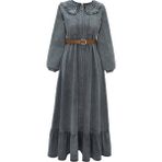 Moda Morfo Bebe Yaka Yarım Fermuarlı İnci Detaylı Kemerli Kot Elbise -Füme - 42
