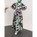 Moda Morfo Beli Lastikli Yakası Açık Uzun Elbise -Yeşil - L - XL