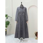 Moda Morfo Beli Lastikli Yan Cepli Kot Elbise -Füme - 44