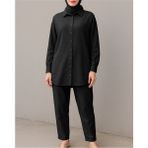 Moda Morfo Boydan Düğmeli Pantolon Gömlek Keten Takım -Siyah - 38