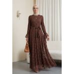 Moda Morfo Çiçek Desenli Güpür Dantelli Kolu Volanlı Kemerli Astarlı Elbise -Kahve - 36 - Kahverengi
