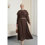 Moda Morfo Dantel Detaylı Pelerinli Kemerli Astarlı Ithal Ibiza Elbise -Kahve - L - XL - Kahverengi