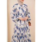 Moda Morfo Desenli Bağcıklı Astarlı Parçalı Şifon Elbise -İndigo - Indigo
