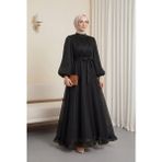 Moda Morfo Eteği Volanlı Kemerli Janjan Şifon Elbise -Siyah - 36