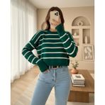Moda Morfo Ince Çizgili Crop Triko Kazak -Zümrüt - Standart