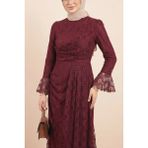 Moda Morfo Kol Manşeti Volanlı Önü Drapeli Astarlı Dantel Elbise -Bordo - 42