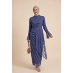 Moda Morfo Kol Manşeti Volanlı Önü Drapeli Astarlı Dantel Elbise -İndigo - 42 - Indigo