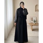 Moda Morfo Kolları Pullu Kemerli İthal Likralı Krep Elbise -Siyah - 40