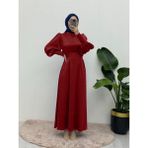 Moda Morfo Uzun Manşetli Belden Bağlamalı Saten Balon Kol Elbise -Kırmızı - Kırmızı Bebek Arabası - Kırmızı Tulum - 42