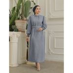 Moda Morfo Yakası Taşlı Büzgü Kollu Kemerli Keten Elbise -Gri - 01-Gri - 46