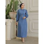Moda Morfo Yakası taşlı Büzgü Kollu Kemerli Keten Elbise -İndigo - Indigo - 40