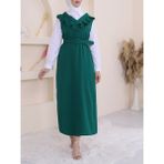 Moda Morfo Yakası V Kemerli Uzun Jile Elbise -Zümrüt - 42