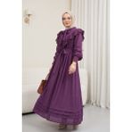 Moda Morfo Yakası ve Beli Bağlamalı Fistolu Astarlı Krinkıl Elbise -Mor - 36