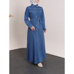 Moda Morfo Yakası ve Göğsü Taşlı Eskitme Kot Elbise -Koyu Mavi - 38