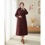 Moda Morfo Yakası Zincir Detaylı Uzun Kapitone Kaban -Bordo - 46