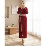 Moda Morfo Yandan Bağlamalı Etekli Alerli Triko Elbise -Bordo - Standart