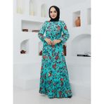 Moda Periy Kadın Modest Basic Pamuklu Viskon Yazlık Düğmeli Çiçek Desenli Uzun Boy Tesettür Elbise - Mint - 44