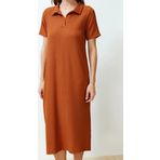 Moda Rahat Casual Günlük Bürümcük Örme Polo Yaka Kısa Kol T-Shirt Elbise Midi Boy Elbise