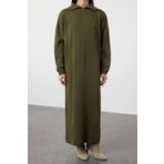 Moda Rahat Casual Günlük Çift Plaka Triko Dik Yaka Uzun Kol Shift Maxi Boy Tesettür Elbise