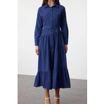 Moda Rahat Günlük Terrycotton Dokuma Gömlek Yaka Uzun Kol Gömlek Elbise Maxi Boy Tesettür Elbise