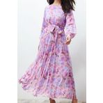 Moda Regular Bisiklet Yaka Maxi Tesettür Çiçekli Kuşak Detaylı Astarlı Piliseli Şifon Dokuma Elbise