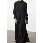 Moda Stil Fitted Gömlek Yaka Uzun Tesettür Eteği Volanlı Düğme Detaylı Örme Elbise