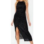 Moda Stil Fitted Halter Yaka Midi Boy Vücuda Oturan Örme Parıltılı Pul Payet Şık Abiye Elbise